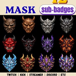 Puede incluir: Una colección digital de 12 sub-insignias de máscara de demonio con varios colores y texturas, incluyendo madera, metal, fuego, hielo y cristal. El texto dice DEMON MASK 12 sub-badges, TWITCH | KICK | STREAMER | DISCORD | ETC, y 18 X 18 PX | 36 X 36 PX | 72 X 72 PX | 256 X 256 PX.