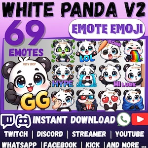 Może przedstawiać: Cyfrowa kolekcja 69 emotikonów White Panda V2 przedstawiających różne wyrazy twarzy i czynności. Zestaw zawiera pandy ze znakami dolara, tęczowymi wymiocinami, popcornem i sercami w oczach do użytku na platformach takich jak Twitch, Discord i YouTube.