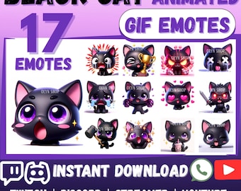 17 BLACK CAT GIF Animated Emotes Emoji Pack Whatsapp | Twitch | Discord | YouTube | Facebook | 3D Chibi Cartoon Black Cat Kitty Sticker
