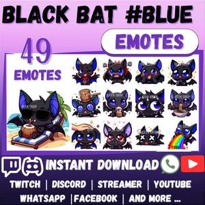 49x Chibi Black Bat EMOTES Blue Pack Whatsapp | Twitch | Discord | YouTube | Streaming | Cute Kawaii Cartoon Black Bat Emoji Emote Sticker