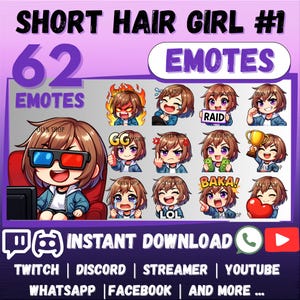 MEGA 62 Emote Emoji Bundle Short Brown Hair Girl for Whatsapp | Twitch | Discord | YouTube | Facebook | Cute Kawaii Cartoon chat Sticker