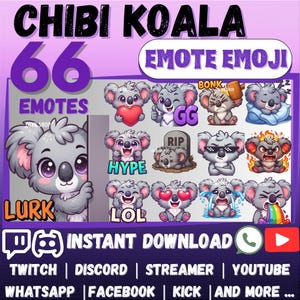 May include: Digital graphic with 66 chibi koala emotes, each expressing different emotions. The image includes text: "CHIBI KOALA," "EMOTE EMOJI," and "INSTANT DOWNLOAD." The koalas are in various poses, with hearts, tears, and anger.