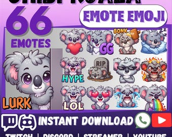 MEGA 66 Emote Emoji Bundle KOALA Premium Pack for Twitch, Discord, Kick, YouTube, Facebook, Whatsapp, etc| Cute Kawaii Chibi Cartoon Sticker