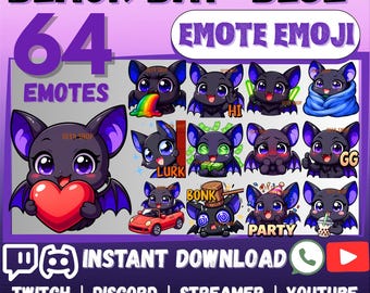 MEGA 64 Emote Emoji Bundle Chibi Black Bat for Twitch, Discord, Kick, YouTube, Facebook, Whatsapp, etc | Cute Kawaii Bat Vampire Sticker