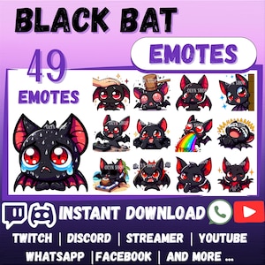 49x Chibi Black Bat Red Eyes EMOTES Pack Whatsapp | Twitch | Discord | YouTube | Stream | Cute Kawaii Cartoon Black Bat Emoji Emote Sticker