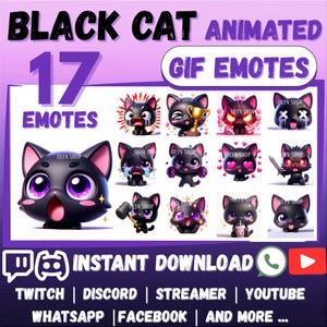 Pacchetto di 17 GIF animate di GATTO NERO per WhatsApp / Twitch / Discord / YouTube / Streaming / Adesivo emoji gatto nero in 3D Chibi