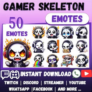 50x Chibi SKELETON SKULL EMOTES Pack Whatsapp | Twitch | Discord | YouTube | Streaming | Cute Kawaii Chibi Cartoon Emoji Emote Sticker