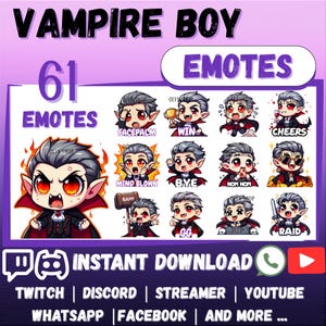 Könnte beinhalten: Ein digitales Grafikdesign mit 61 "Vampire Boy" Emotes. Die Emotes zeigen einen Cartoon-Vampir mit verschiedenen Ausdrücken und Aktionen, wie "Facepalm", "Win" und "Cheers". Das Bild enthält auch den Text "Sofort-Download".