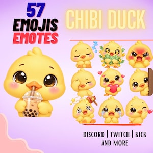 Könnte beinhalten: Eine digitale Sammlung von 57 Chibi-Enten-Emojis und Emotes, die eine gelbe Ente mit verschiedenen Ausdrücken zeigen, darunter beim Trinken von Boba-Tee, Schlafen, Geld halten, Weinen und Wut. Der Text lautet 57 EMOJIS EMOTES CHIBI DUCK DISCORD | TWITCH | KICK AND MORE.