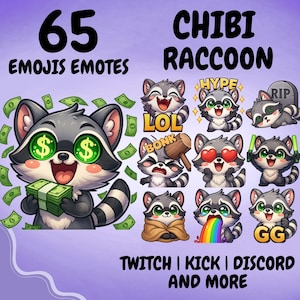 Paquete Mega de 65 Emojis de Mapaches Chibi / Emotes Lindos para Twitch, Emotes para Discord, Emotes para Expulsar / Recursos Digitales de Mapaches Kawaii para Streamers