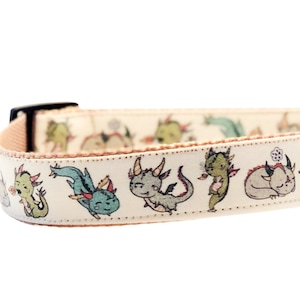 Cute Dragons Dog Collar / Martingale or Buckle / Green Gray Tan Olive Sage Dragons / Neutral Color Dog Collar / Personalized Name Option
