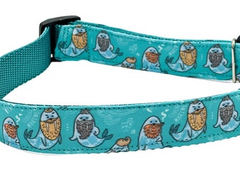 Walrus Dog Collar, Martingale or Buckle, Personalized, Teal Turquoise, Custom Made, Winter Dog Collar