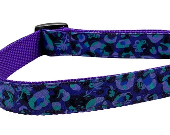 Purple Teal Leopard Animal Print Dog Collar, Martingale or Buckle, Lavender, Violet, Cat Breakaway Collar Option, Personalized ID Collar