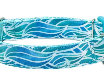 Aqua Waves Dog Collar, Buckle or Martingale, Personalized Engraved Collar