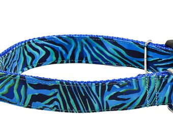 Pacific Blue Zebra Animal Print Dog Collar, Martingale or Buckle, Black, Mint, Violet, Cat Breakaway Collar Option, Personalized ID Collar