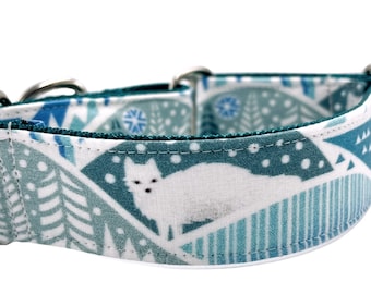 Arctic Fox Winter Snow Dog Collar | Martingale or Flat Buckle, Add Name, Engraved Buckle, White, Silver, Blue, Teal, Swedish Fox, 1 1/2 inch