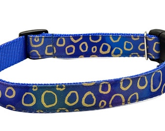 Blue Gold Metallic Ombre Dog Collar, Martingale or Buckle, Violet Circle Dot Print, Cat Breakaway Collar Option, Personalized ID Collar