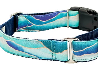 Sea Mountains Dog Collar, Buckle Martingale, Personalized Dog Collar, Engraved Buckle Collar, Blue Aqua Royal Gold Teal Dog Collar