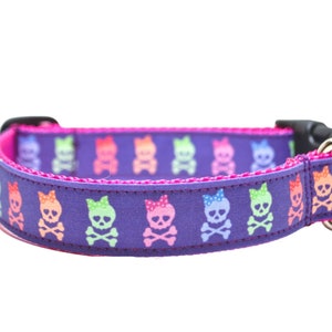 Purple Skulls Dog Collar / Purple, Pink, and Lime Girl Skull / Martingale or Buckle / Exclusive / Cat Breakaway or Tiny Dog Option