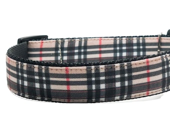 Beige Black Red Tartan Plaid Dog Collar / Martingale or Buckle / Southdown Tartan / Cat Breakaway or Tiny Dog Option