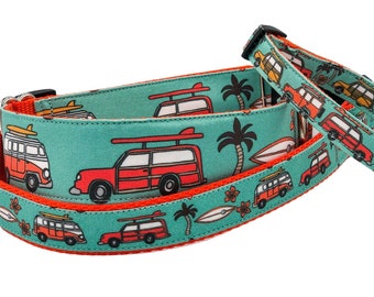 Surf Woodie Dog Collar / Martingale or Buckle / Surfboards on Wagons and Vans Palm Trees / Teal and Orange / Sand Sun Beach Dog Collar