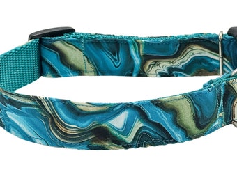 Teal Green Gemstones Dog Collar, Martingale or Buckle, Turquoise Swirl, Cat Breakaway Collar Option, Personalized ID Collar