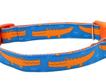 Orange Bright Blue Alligator Dog Collar, Martingale or Buckle, Personalized, Light Blue, Custom Made, Nautical Beach Dog Collar