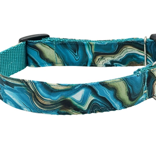 Teal Green Gemstones Dog Collar, Martingale or Buckle, Turquoise Swirl, Cat Breakaway Collar Option, Personalized ID Collar