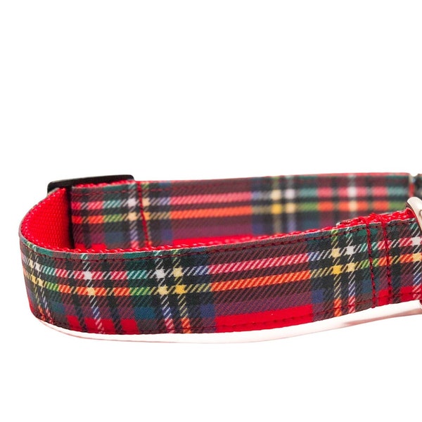 Red Tartan Plaid Dog Collar / Royal Stewart Plaid / Buckle or Martingale / Cat and Tiny Dog Option / Red Blue Yellow Black Plaid