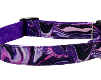 Purple Pink Gemstones Dog Collar, Martingale or Buckle, Lavender Hot Pink Swirl, Cat Breakaway Collar Option, Personalized ID Collar