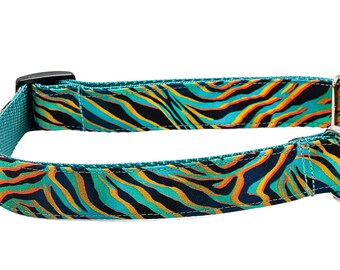 Teal Gold Zebra Animal Print Dog Collar, Martingale or Buckle, Orange, Green, Cat Breakaway Collar Option, Personalized ID Collar