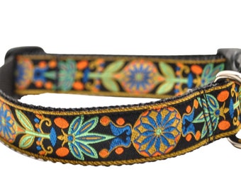 Black and Blue Floral Dog Collar / Marigold in Royal / Martingale or Buckle / Flower Collar / Orange, Green, Royal Blue, Gold