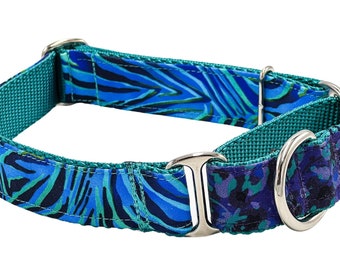 Purple Teal Leopard and Zebra Print Dog Martingale or Buckle Martingale Dog Collar, Pacific Blue, Black, Personalized ID Collar