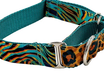 Leopard and Zebra Print Dog Martingale or Buckle Martingale Dog Collar, Gold, Teal, Green, Orange, Black, Personalized ID Collar