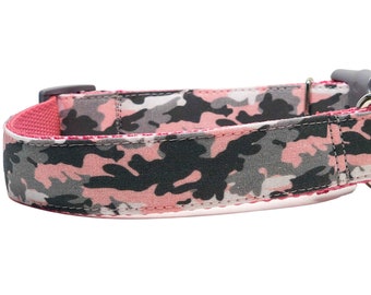 Pink Gray Camouflage Dog Collar / Martingale or Buckle / Camo Dog Collar / Pink, Charcoal Gray / Cat Breakaway or Tiny Dog Option