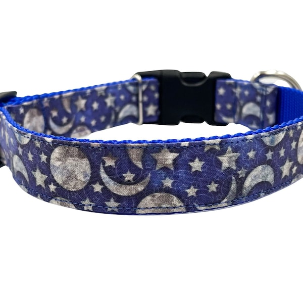 Luna in Blue Dog Collar / Custom Dog Collar / Celestial print collar / Moon and Stars Print / Silver Gray and Blue