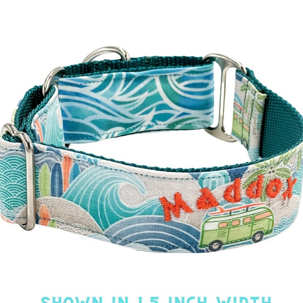 Waves Surfing Beach Van Dog Collar | Beach Daze | Martingale or Flat Buckle | Add Name, Engraved Buckle | Turquoise Blue, Orange, Green