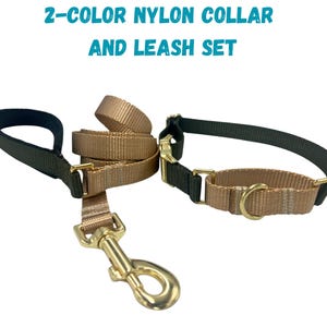 May include: A two-color nylon collar and leash set. The set includes a dark green handle and collar with a tan leash and collar section. The leash has a gold-colored metal clasp. The text "2-COLOR NYLON COLLAR AND LEASH SET" is at the top.