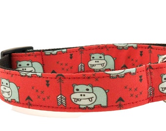 Hippo Dog Collar / Hippos and Arrows / Martingale or Buckle / Red Orange and Gray / Animal Print Collar
