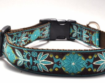 Floral Dog Collar/ Custom Dog Collar/ Marigold in Teal / Martingale or Buckle / Flower Dog Collar