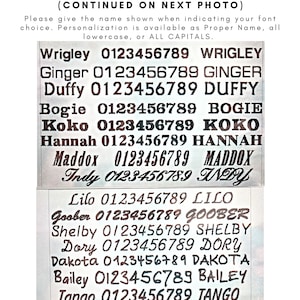 May include: Image showcasing font choices for personalization. Includes various font styles with example names and numbers. Text at the top reads "FONT CHOICES (CONTINUED ON NEXT PHOTO)" and instructions for personalization.