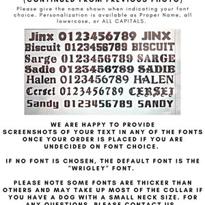 May include: Image showcasing font options for personalization. Includes examples of fonts like "Jinx," "Biscuit," and "Sarge," each with a corresponding number sequence. The text advises on font choice and provides additional information.