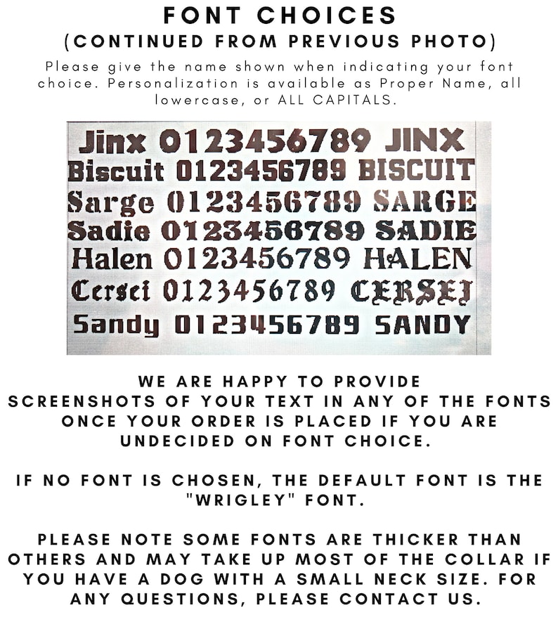May include: Image showcasing font options for personalization. Includes examples of fonts like "Jinx," "Biscuit," and "Sarge," each with a corresponding number sequence. The text advises on font choice and provides additional information.