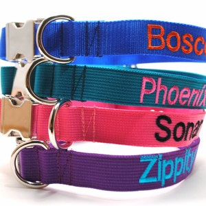 Metal Flat Buckle Personalized Dog Collar | Nylon Webbing | Silver, Gold, Black Metal Buckles | ID Tag Collar | Embroidered Collar