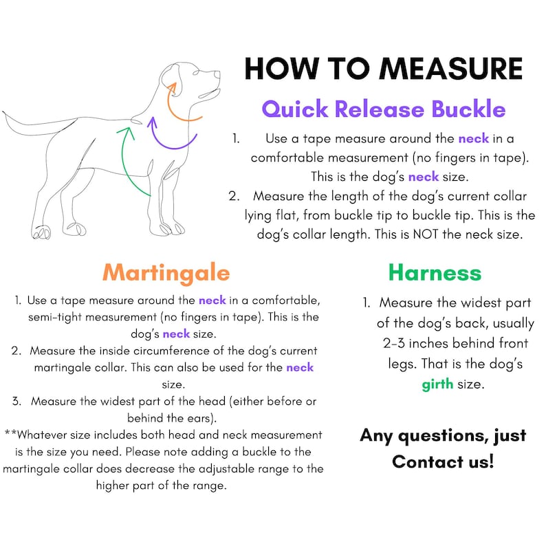 May include: An instructional graphic titled HOW TO MEASURE featuring a line drawing of a dog with arrows indicating measurement points for a Quick Release Buckle, Martingale, and Harness, including text instructions for measuring neck, collar, and girth.