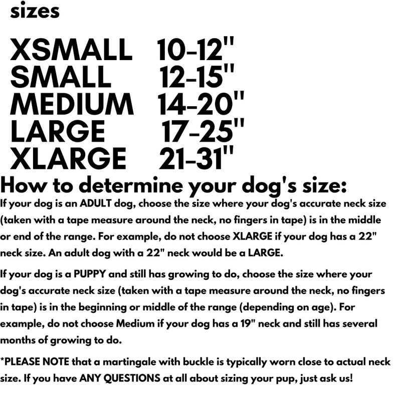 Może przedstawiać: Czarno-biała tabela rozmiar&oacute;w obroży dla ps&oacute;w zawierająca rozmiary XSMALL 10-12", SMALL 12-15", MEDIUM 14-20", LARGE 17-25" oraz XLARGE 21-31". Tekst zawiera instrukcje dotyczące określania obwodu szyi psa dla dorosłych ps&oacute;w i szczeniąt.