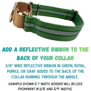 May include: A green and tan nylon collar featuring a reflective silver strip running through the center. The collar includes metal D-rings and adjustment sliders. Text on the image reads: ADD A REFLECTIVE RIBBON TO THE BACK OF YOUR COLLAR. 3/8" WIDE REFLECTIVE RIBBON IN GREEN, ROYAL, PURPLE, OR GRAY ADDED TO THE BACK OF THE COLLAR RUNNING THROUGH THE MIDDLE. EXAMPLE SHOWN IS 1" WIDTH. BORDER WILL BE LESS PROMINENT IN 5/8" AND 3/4" WIDTHS.