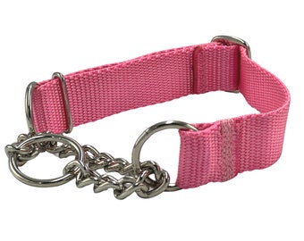 Solid Nylon Chain Martingale Dog Collar | Stainless, Chrome Plated, Brass | 24 Color Choices | 5/8 3/4 1 inch | Nylon Webbing Training