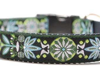 Floral Dog Collar / Marigold in Green /Custom Dog Collar / Buckle, Martingale, Buckle Martingale, or Chain Martingale / Flower / Brocade