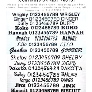 May include: A white background displays a list of font choices with sample names and numbers. The text includes names like Wrigley, Ginger, Duffy, Koko, Hannah, Maddox, Lilo, Goober, Shelby, Dory, Dakota, Bailey, Tango, Jinx, and Biscuit.